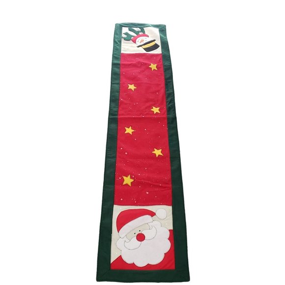 Unmarked Other - Vintage Christmas Table Runner Santa Claus Snowman Green Red 68"